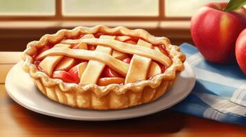Homemade apple pie on a table near apples. Perfect for baking and recipe illustrations photo