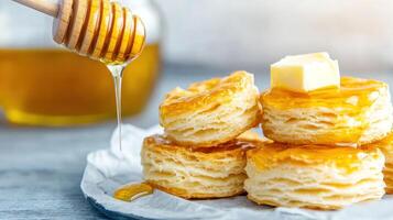 Honey drizzled on biscuits with butter, in a kitchen, with a honey jar background. Food photography photo