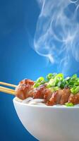 Hot kebab dish, garnished with onions, served in a bowl, for menu and recipe background photo