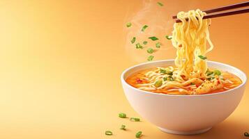 Hot ramen being lifted with chopsticks, spicy broth, garnish falling. Food photography for menu ads photo