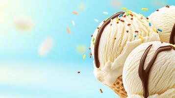 Ice cream cone with chocolate sauce and sprinkles on blue sky background photo