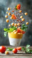 Hummus topped with chickpeas, lentils and tomato slices floating in a yellow bowl, for recipe photo