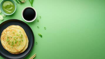 Japanese pancakes. Garnished pancakes arranged on a table. Serving style and delicious flavor photo