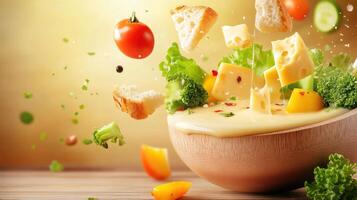 Ingredients fly into bowl with sauce on table, background is blurred, used in food photography photo