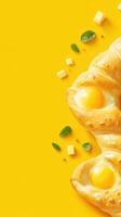 Khachapuri with eggs on yellow background for bakery menu photo