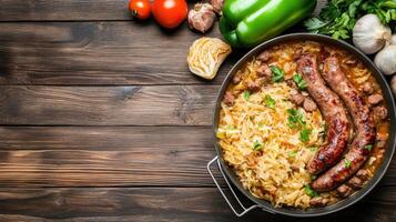 Kielbasa and cabbage served in pan with vegetables on wooden table for meal preparation photo