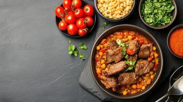 Lamb stew with chickpeas, tomatoes, couscous, and herbs on a dark table, ready to be served photo