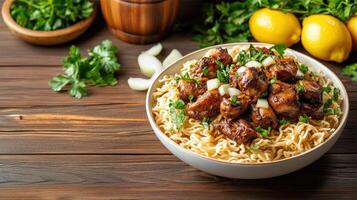 Noodles bowl with meat and herbs on wooden table background for culinary blog post photo