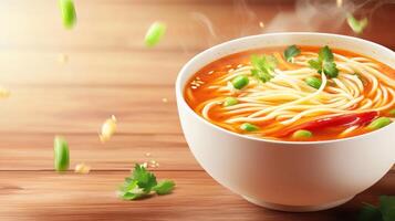 Noodles in a bowl with greens and steam on wood table for menu or commercial photo
