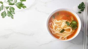 Noodles in bowl on white table for food blog photo