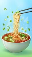 Noodles lifted from bowl, garnish, steam, on bright background. Use for cuisine or recipe visuals photo