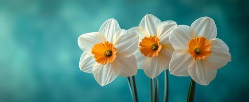 Beautiful daffodils blooming in spring. Three vibrant daffodils with orange centers bloom against a soft blue backdrop, signaling spring's arrival. photo
