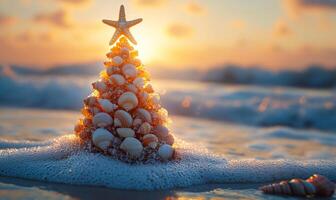 Beach shells make a unique tree. A Christmas tree made of shells stands by the waves during sunset, reflecting holiday cheer at the beach. photo