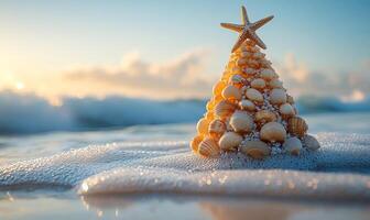 Seashell Christmas tree on sandy beach. Colorful seashells arranged as a Christmas tree on the beach at sunset, with gentle waves in the background. photo