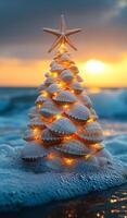 Unique seashell Christmas tree at sunset. A creatively designed Christmas tree made of seashells stands on the beach as the sun sets over the ocean waves. photo