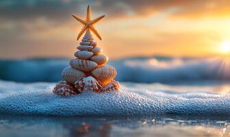 Coastal tree of shells. Colorful shells stacked creatively on the shore, resembling a festive tree near gentle ocean waves at sunset. photo