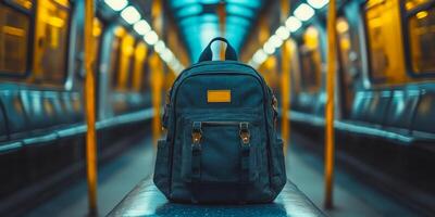 Backpack resting on subway seat at night. A lone backpack sits on a seat in an empty subway car during the evening, illuminated by warm lights. photo