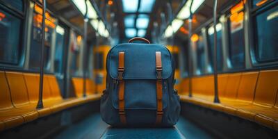 Empty subway carriage with a backpack. A solitary backpack sits on the subway floor in an empty carriage during the evening commute. photo