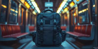 Backpack on subway seat in quiet train. A solitary backpack rests on a subway seat, surrounded by empty rows in a dimly lit train during the evening. photo