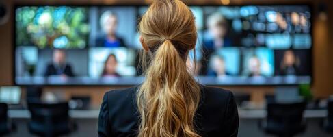 Modern office videoconference. A woman with long hair participates in a videoconference in a modern workspace, engaging with colleagues on screen. photo