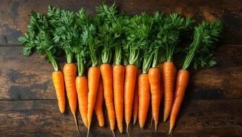 Carrots with green tops. Freshly harvested carrots with vibrant green tops lined on a rustic wooden table, ideal for farm-to-table meals. photo