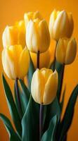 Bright yellow tulips in vibrant setting. Yellow tulips bloom beautifully against a warm, orange background, creating a cheerful and uplifting atmosphere. photo