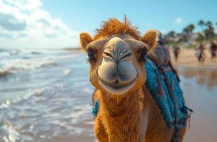 Happy camel on the beach near ocean. A cheerful camel stands on the sandy beach, surrounded by gentle ocean waves and a clear sky, enjoying a sunny day. photo