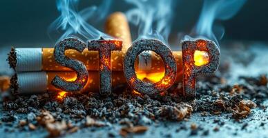 Encouragement to quit smoking sticks. Smoldering cigarettes lie on a surface with the word STOP formed from ashes, emitting smoke and glowing embers. photo