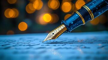 Writing with a fountain pen at night. A fountain pen glides smoothly over paper, surrounded by warm, glowing lights, creating a cozy writing atmosphere. photo