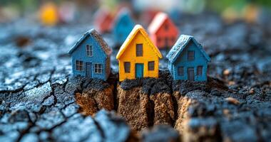 Tiny homes on dry ground. Colorful miniature houses sit atop fragmented earth, highlighting climate change and environmental impact creatively. photo