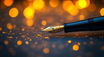 Fine fountain pen poised for writing. A close-up of a golden nib fountain pen glistening against a backdrop of shimmering bokeh lights in warm tones. photo