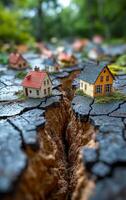 Small houses on cracked land. Small houses are positioned on cracked earth, depicting a dry landscape with a sense of desolation and separation. photo