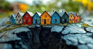 Colorful houses on the edge of a crack. Miniature colorful houses sit precariously on the edge of a deep crack, showcasing a striking contrast with the ground. photo