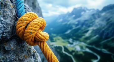 Knot secured on mountain cliff. Close-up of an orange climbing knot secured on a rocky cliff, overlooking a vast mountainous landscape below. photo