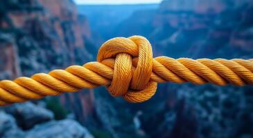 Knot detail on a rope at canyon edge. The close view of a knot on a bright rope secured at the edge of a canyon revealing stunning depth in the background. photo