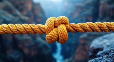 Knot tied on rope overlooking canyon. A close view of a bright yellow rope tied in a knot, hanging over a scenic canyon with a flowing river below. photo