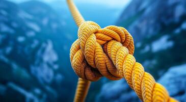 Yellow rope knot on mountain. Close view of a bright yellow knot tied in a rope against a mountainous background, showcasing intricate rope work. photo