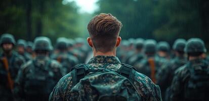 Troops training in the rain. A group of soldiers stands in formation, focusing on their instructor while rain falls around them during training. photo