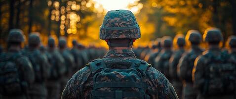 Troops training at sunset. Troops assembled in a forest setting during golden hour, focused on their leader under a warm evening glow. photo