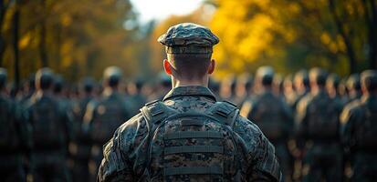 Soldiers gather under autumn trees. Troops assemble in a park adorned with autumn colors during evening hours for training and formation exercises. photo