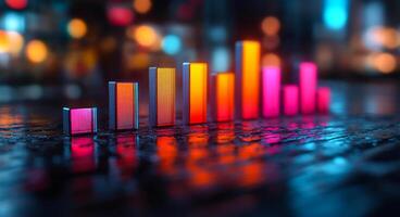 Colorful bars on wet surface. Bright, colorful light bars are arranged in a pattern on a wet surface, reflecting city lights at night. photo
