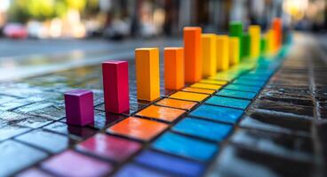 Vibrant street art with blocks. Colorful wooden blocks aligned on a tiled street create an artistic visual display under bright daylight. photo