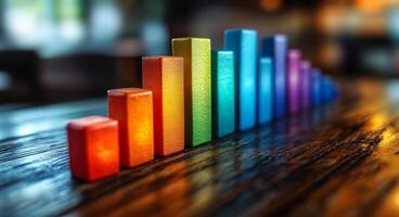 Colorful blocks in a line. Brightly colored wooden blocks are aligned on a wooden surface, creating a vibrant visual display that catches the eye. photo