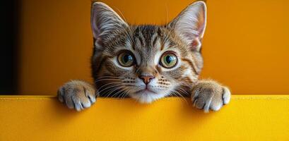 Curious kitten peeking over a ledge. A playful kitten with striking green eyes peeks over a bright yellow surface, showing curiosity and charm. photo