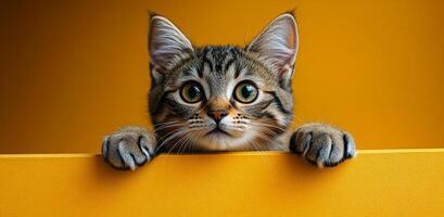 Curious cat peeking over a barrier. A striped cat curiously peeks over a smooth yellow surface, displaying its attentive gaze and soft paws. photo
