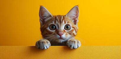 Curious orange cat looking over a ledge. An inquisitive orange cat peers over a yellow ledge with bright eyes, showing its playful demeanor and curiosity. photo
