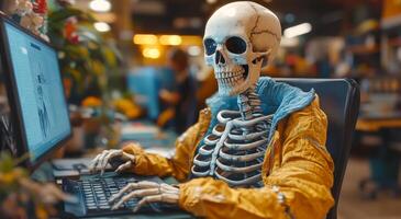 Skeleton at a computer desk. A skeleton dressed in a jacket sits at a desk typing on a computer in a lively office environment. photo