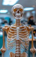 Classroom skeleton model. A detailed skeleton model stands in a classroom setting, used for anatomy lessons and medical studies by students. photo