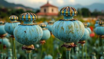 Blue poppy pods in a field. Vibrant blue poppy seed pods stand tall in a lush field, with a historic building in the background under a clear sky. photo