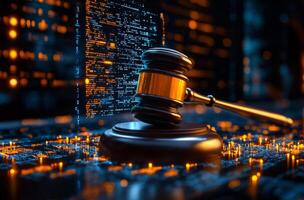 Tech in modern justice. A gavel rests on a digital background filled with glowing data, symbolizing the intersection of law and technology. photo